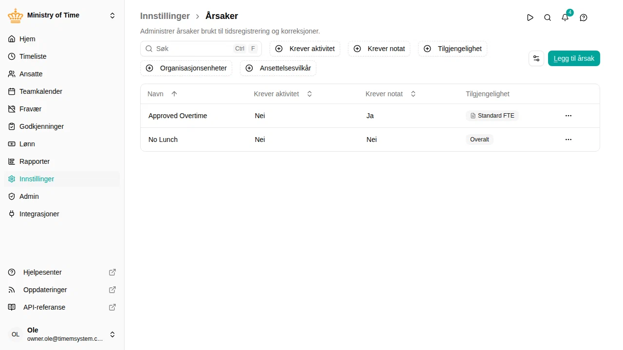 Årsakslisten som viser kolonnene Krever aktivitet og Krever notat