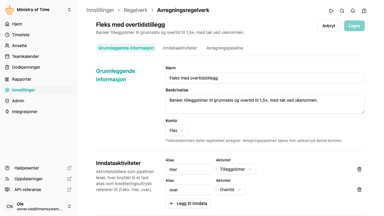 Avregningsregelverk-editor med inndataaktiviteter og en pipeline av trinn