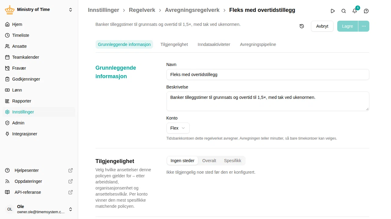 Avregningsregelverk-editor med inndataaktiviteter og en pipeline av trinn