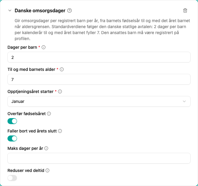Konfigurasjon av pluginet Danske omsorgsdager