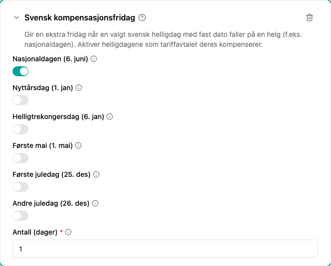 Konfigurasjon av pluginet Svensk kompensasjonsfridag