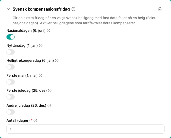 Konfigurasjon av pluginet Svensk kompensasjonsfridag
