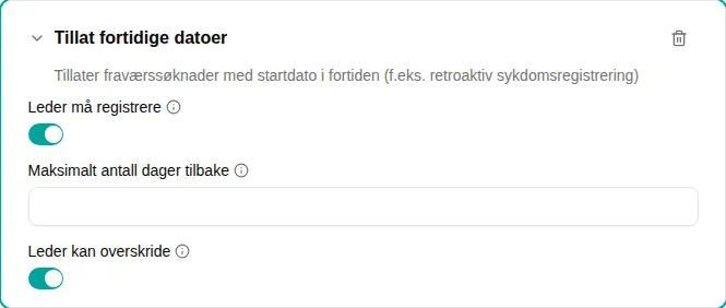 Konfigurasjon av Tillat fortidige datoer