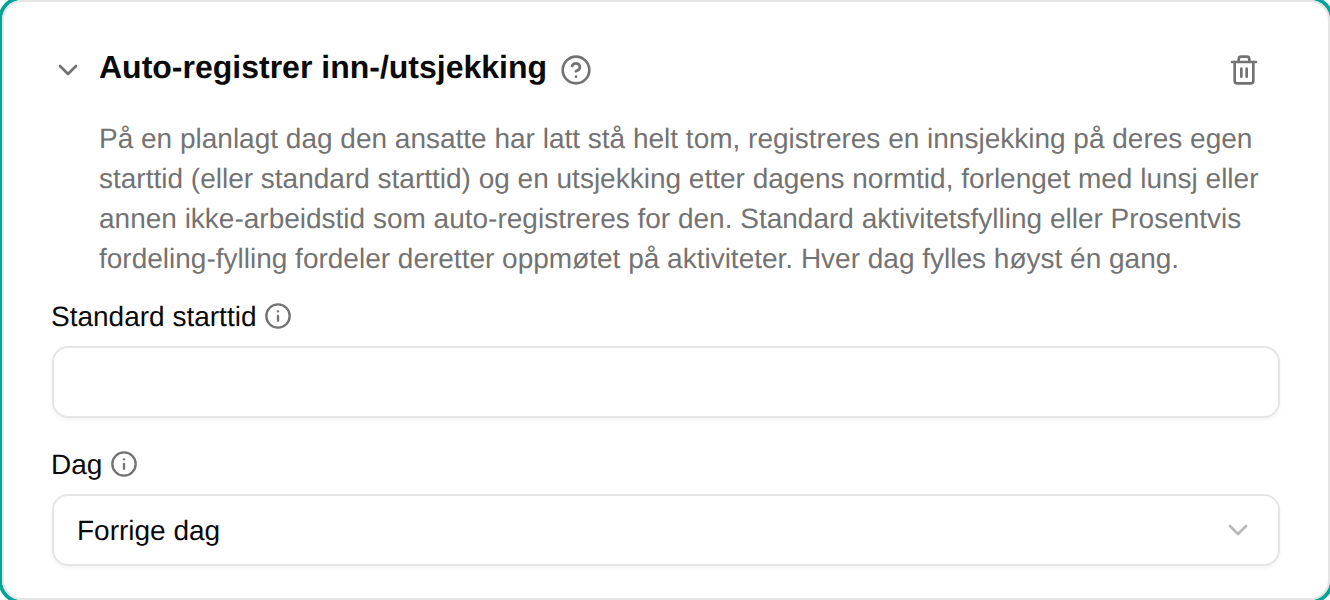 Konfigurasjon av Auto-registrer inn-/utsjekking-pluginen