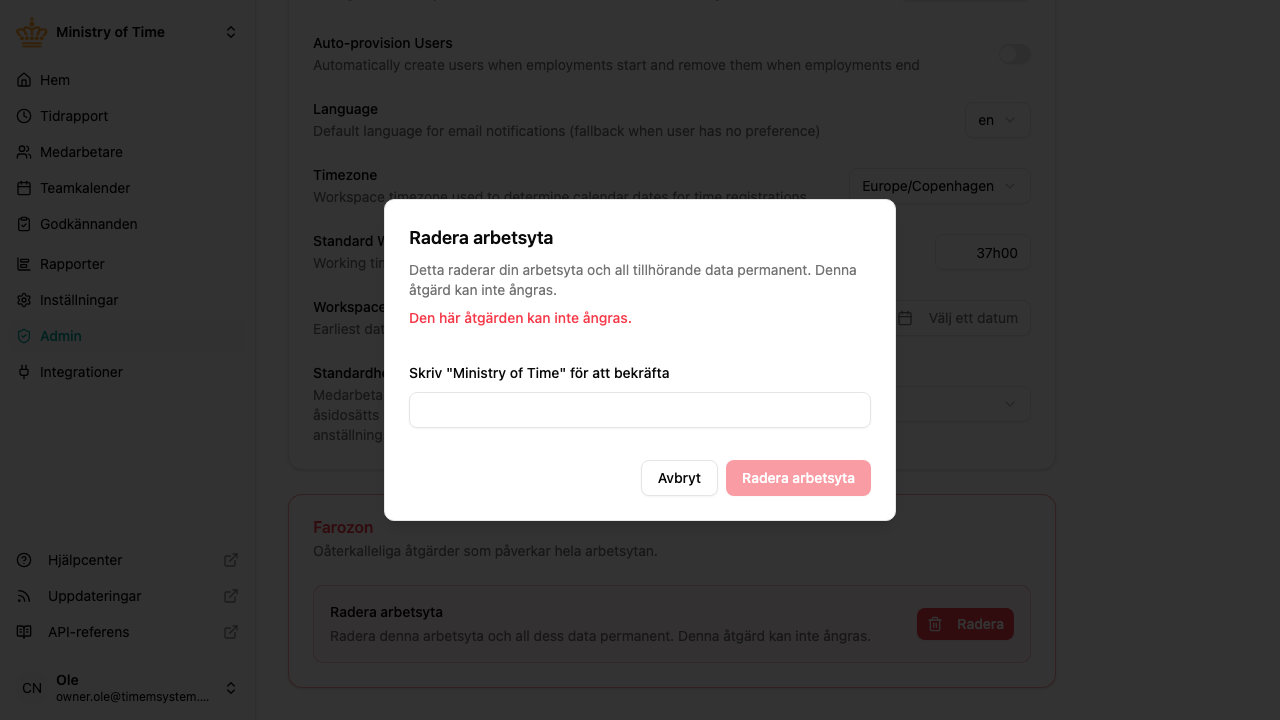 Bekräftelsedialog för radering av arbetsyta