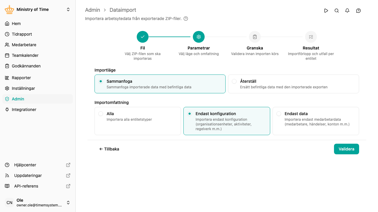 Importguiden, parametersteget