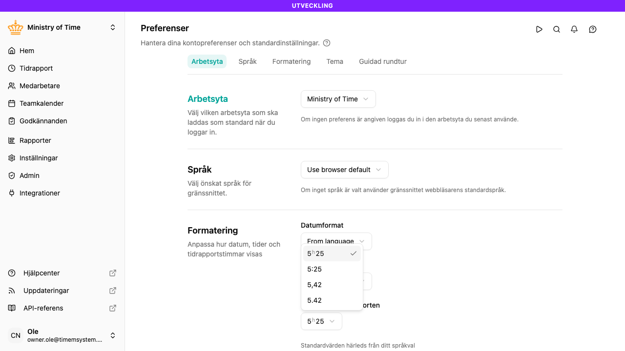 Inställningen Timformat i tidrapporten i Preferenser