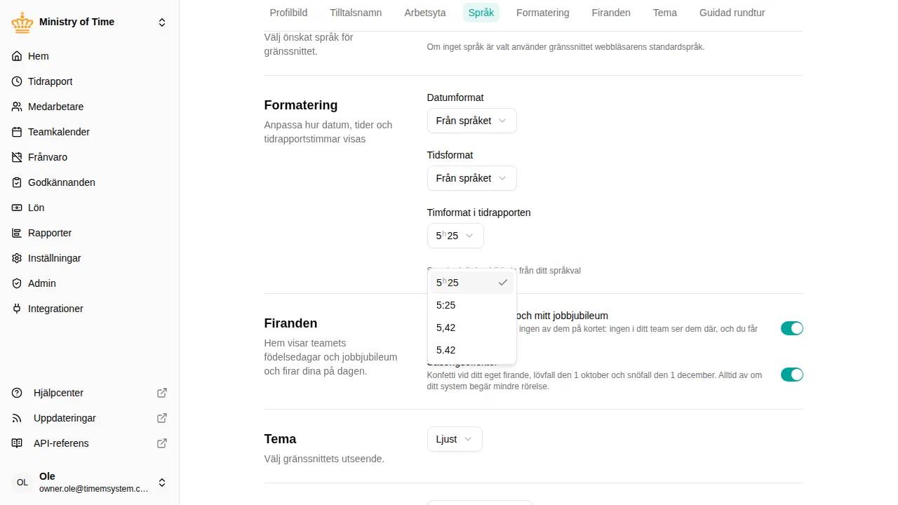 Impostazione Formato ore foglio presenze nelle Preferenze