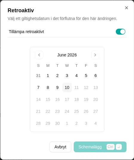 Retroactief dialoogvenster voor het selecteren van een ingangsdatum in het verleden