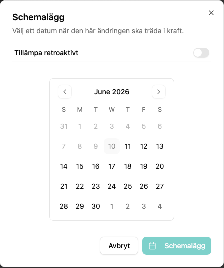 Schemaläggningsdialog för att välja ett giltighetsdatum