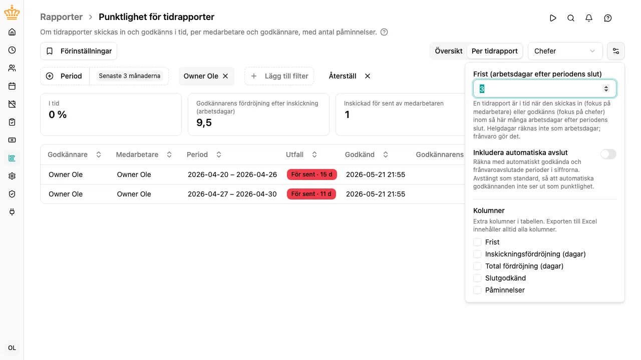 Rapportens inställningar: målet, automatiska avslut och de valfria kolumnerna