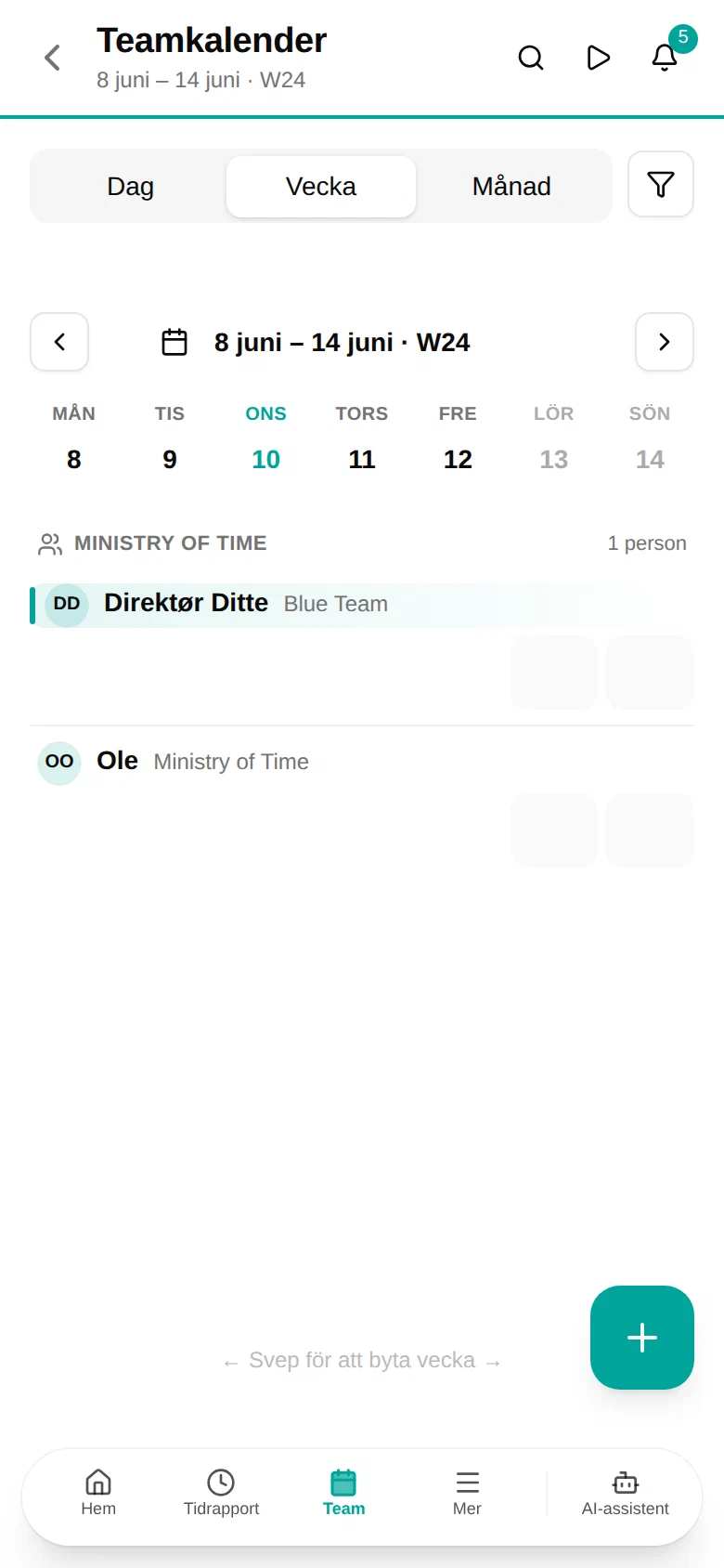 Weekweergave van de teamkalender op een telefoon