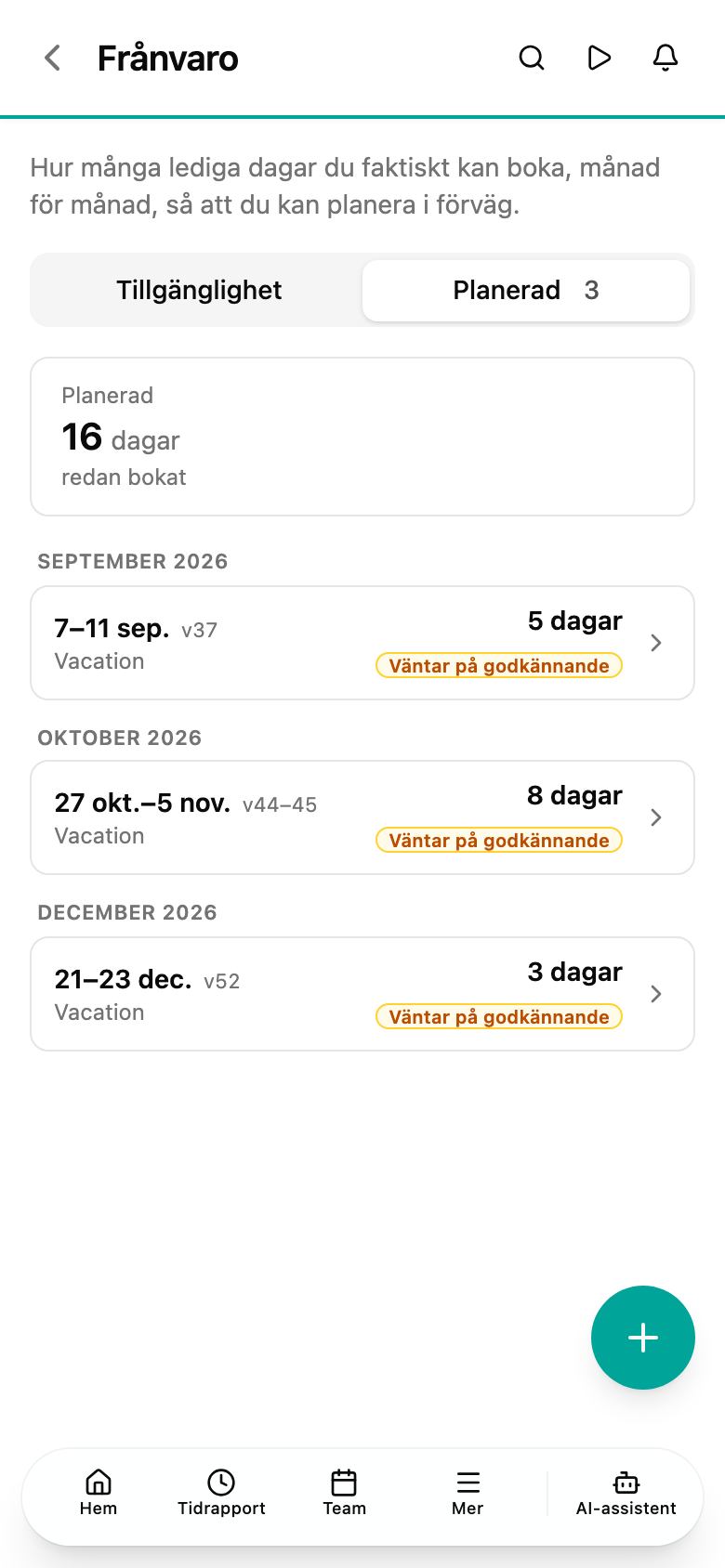 Fliken Planerad på en telefon med varje bokning i listan