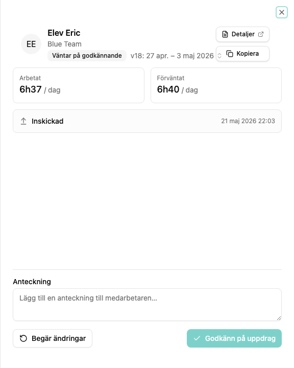 Perioddetaljpanel för en inskickad tidrapport