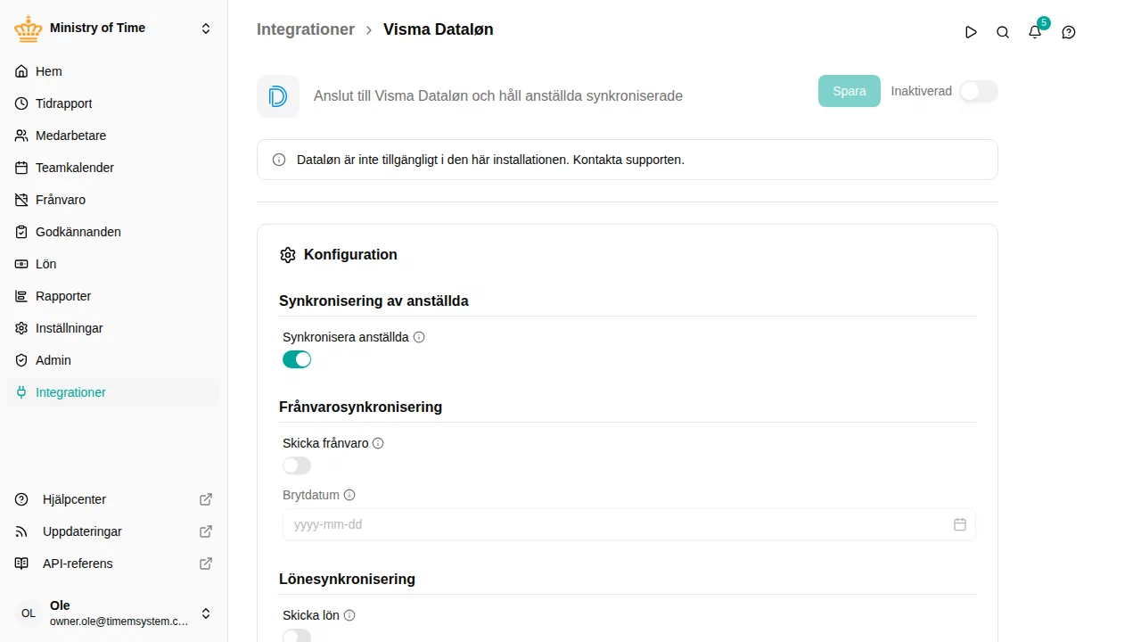 Detaljsidan för Dataløn-integrationen