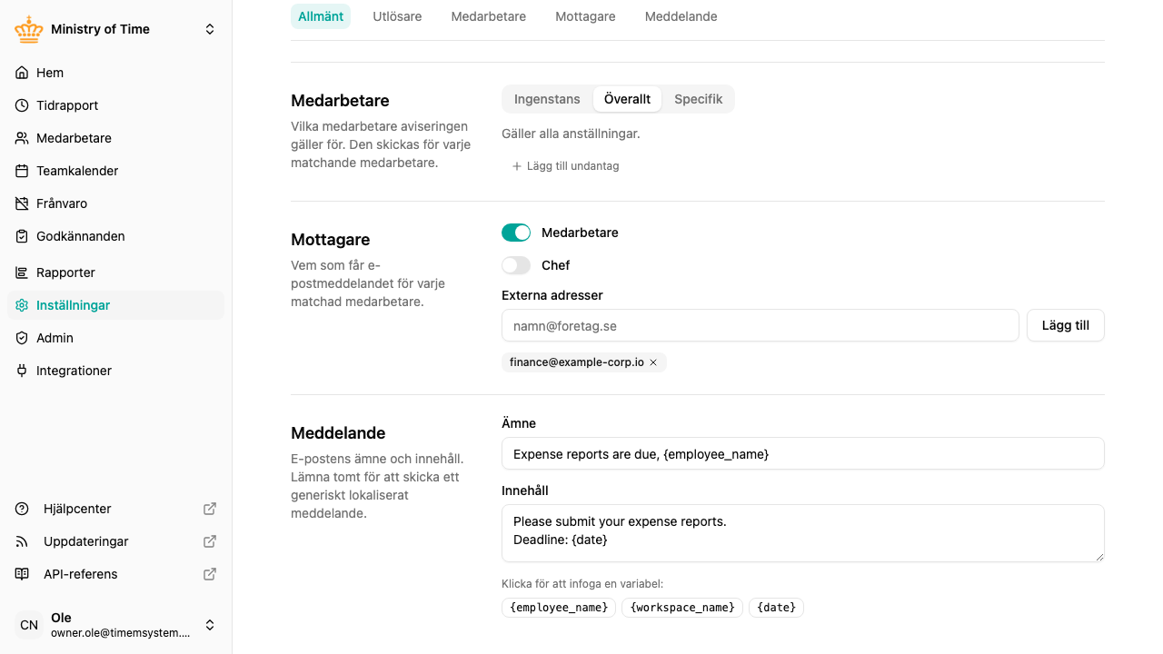 Aviseringens meddelande med variabler