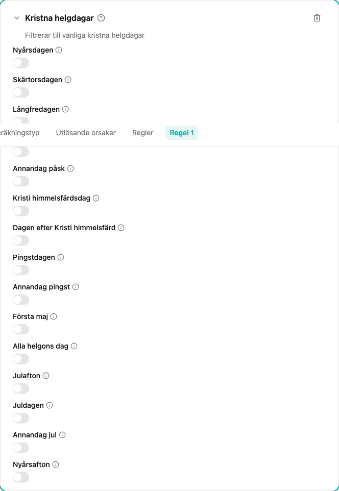 Konfiguration av filtret Kristna helgdagar
