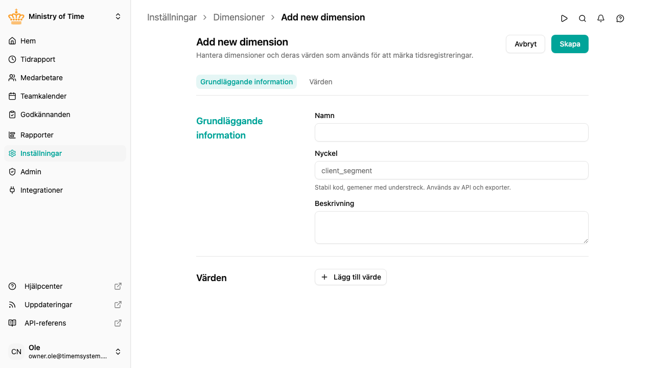 Dimensionsredigeraren med grundläggande information och värden