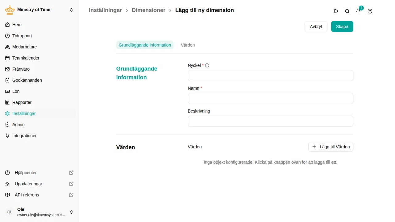 L'editor della dimensione con le informazioni di base e i valori
