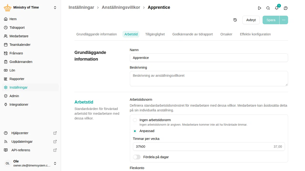 Werktijdsectie van arbeidsvoorwaarden met de standaard werktijdnorm