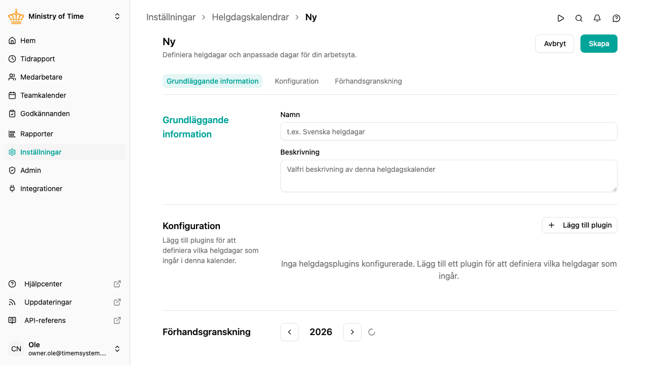 Konfigurationsformulär för helgdagskalender med plugins och förhandsgranskning