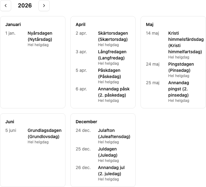 Förhandsgranskningssektion som visar danska allmänna helgdagar