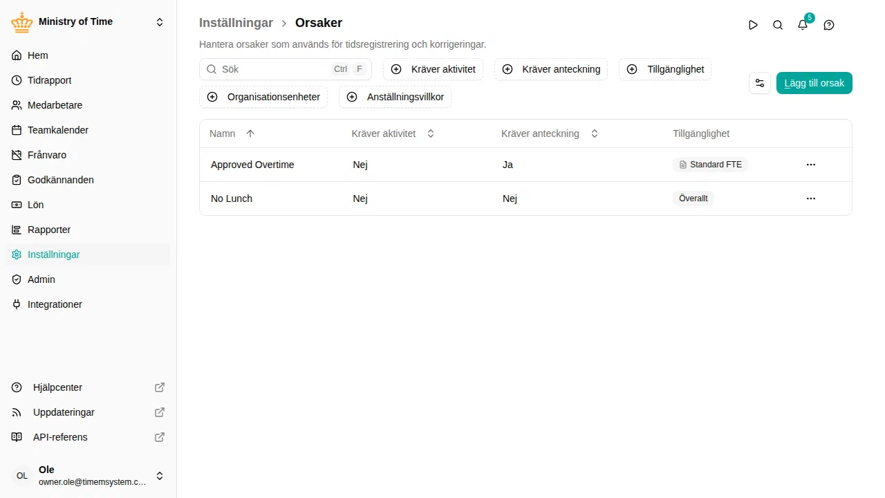 De redenenlijst met de kolommen Vereist activiteit en Vereist opmerking