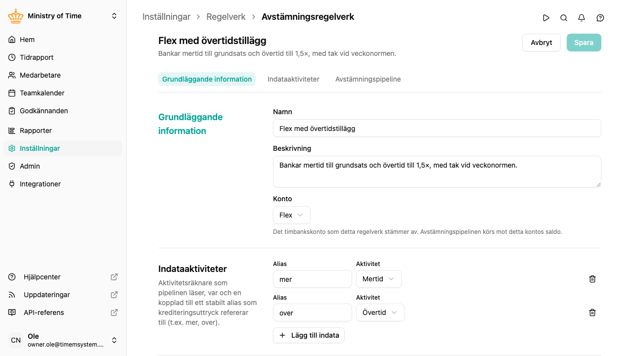 Redigerare för avstämningsregelverk med indataaktiviteter och en pipeline av steg