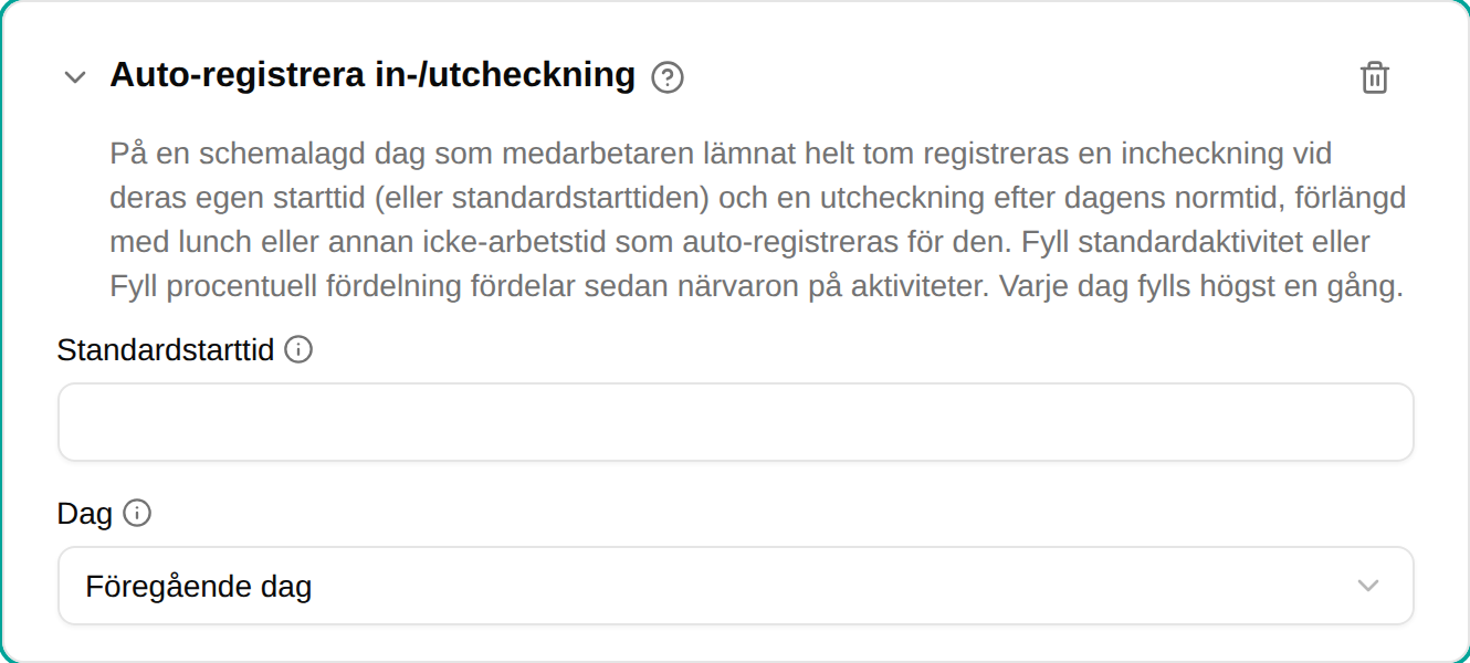 Konfiguration av pluginet Auto-registrera in-/utcheckning